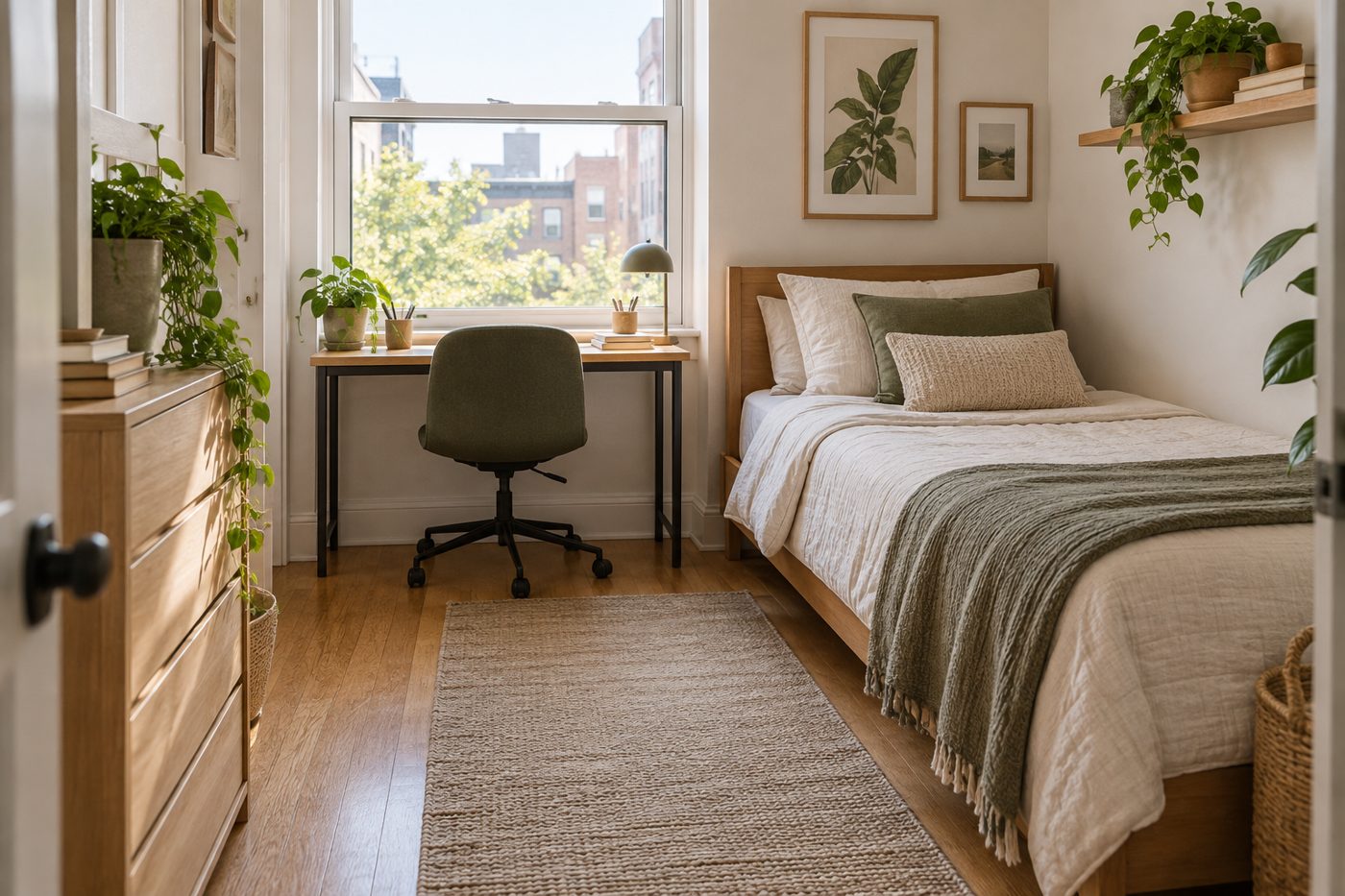 AI-generated illustration of a small bedroom with a slim desk and a chair under the window next to a single bed and a clear walkway