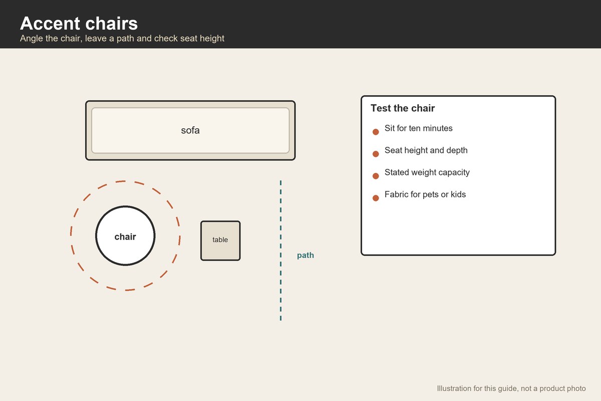 Plan-view illustration of an accent chair with a clearance ring beside a sofa