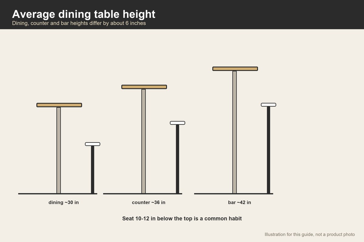 Side-view illustration of dining, counter and bar tables with matching seats