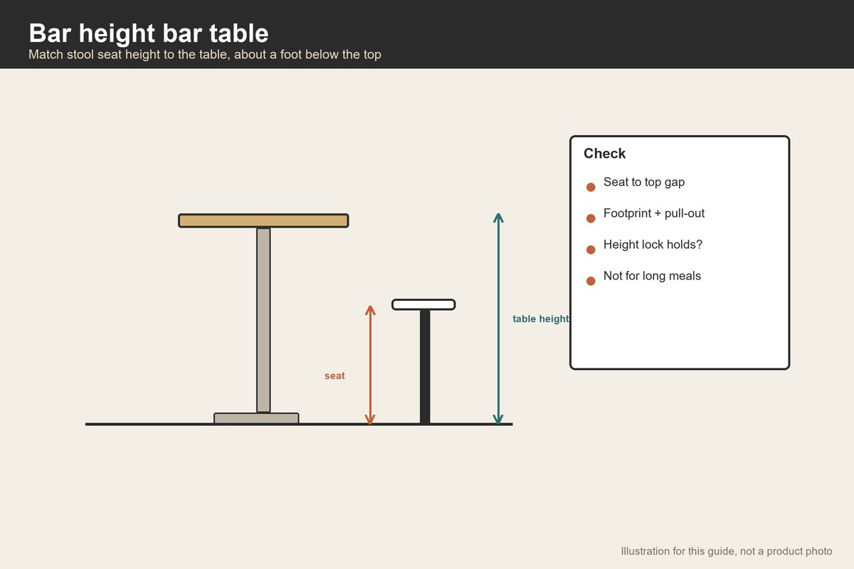 Side-view illustration of a pub table and stool showing seat and table height