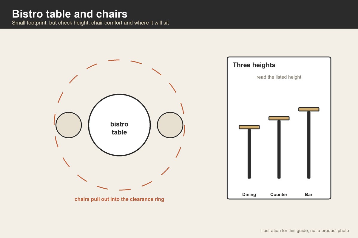 Plan-view illustration of a bistro table with two chairs and three table heights