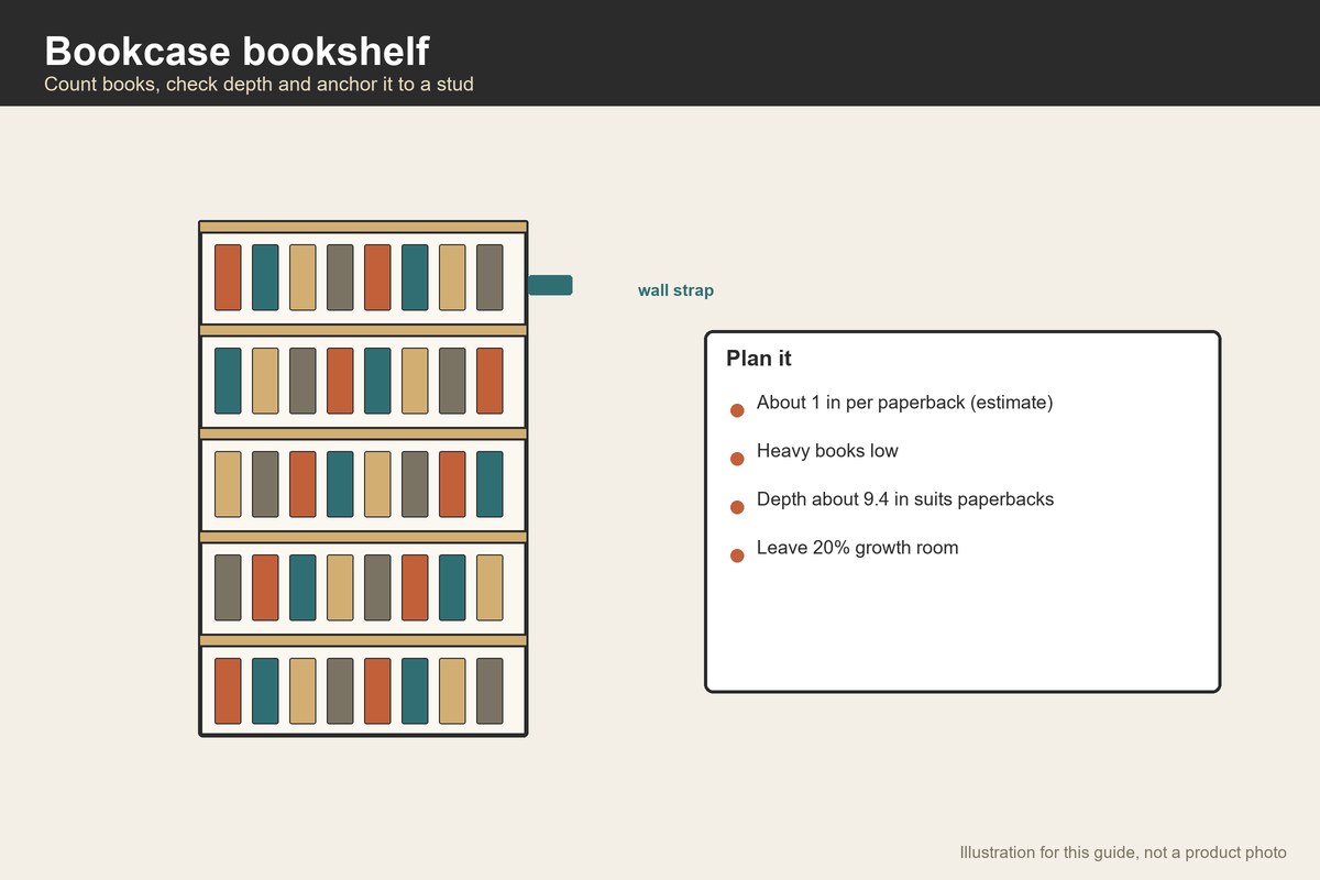 Front illustration of a five-shelf bookcase with books and a wall strap