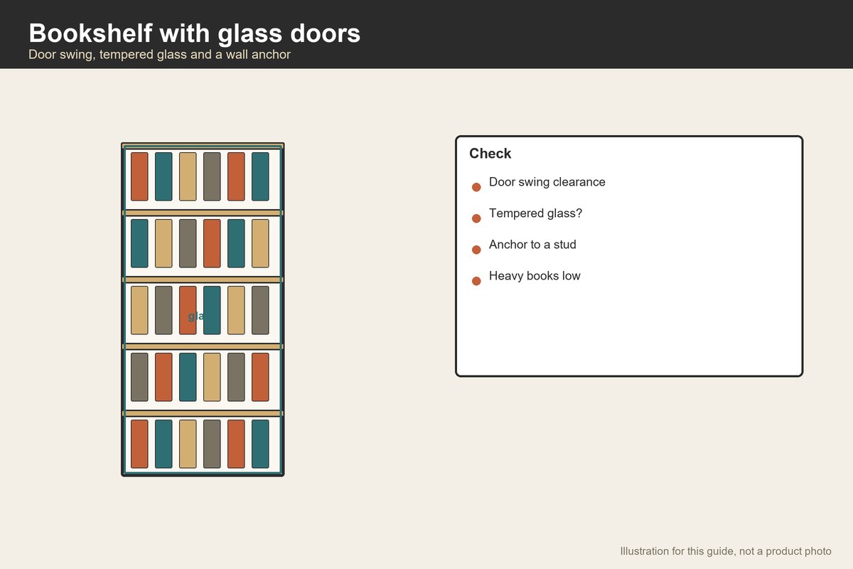 Front illustration of a glass-door bookcase with books and a checklist