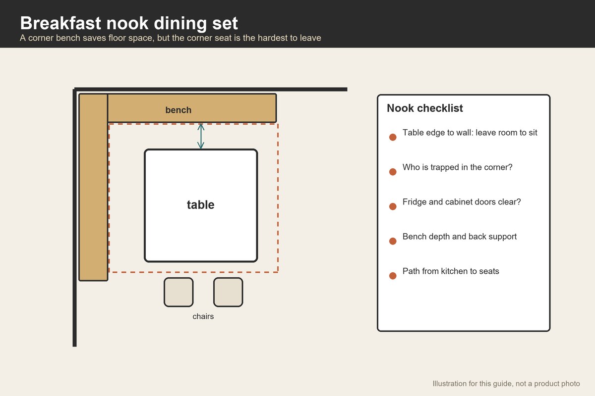 Plan-view illustration of a corner breakfast nook with bench, table and chairs
