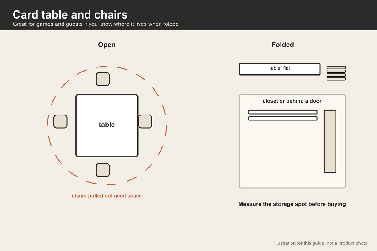 Illustration of a card table with chairs open and the same set folded for storage
