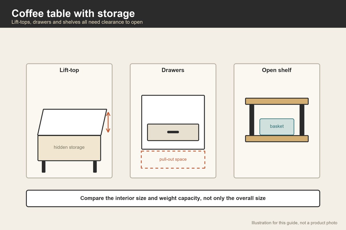 Illustration of lift-top, drawer and open-shelf coffee tables and the clearance each needs