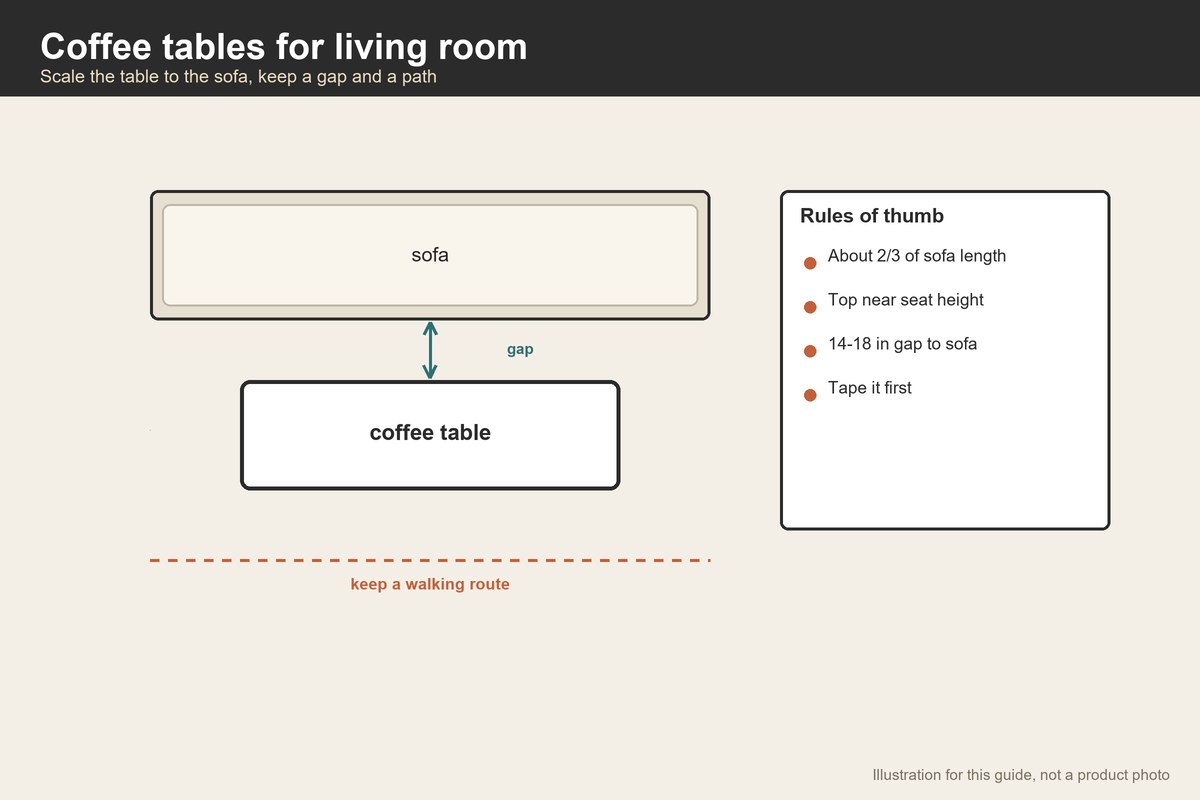 Plan-view illustration of a sofa and coffee table with gap and walking route