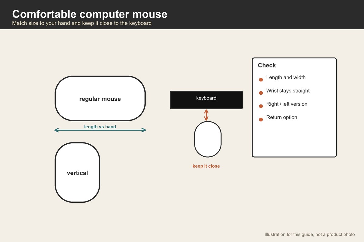 Illustration of a regular and a vertical mouse with a keyboard, showing length and placement