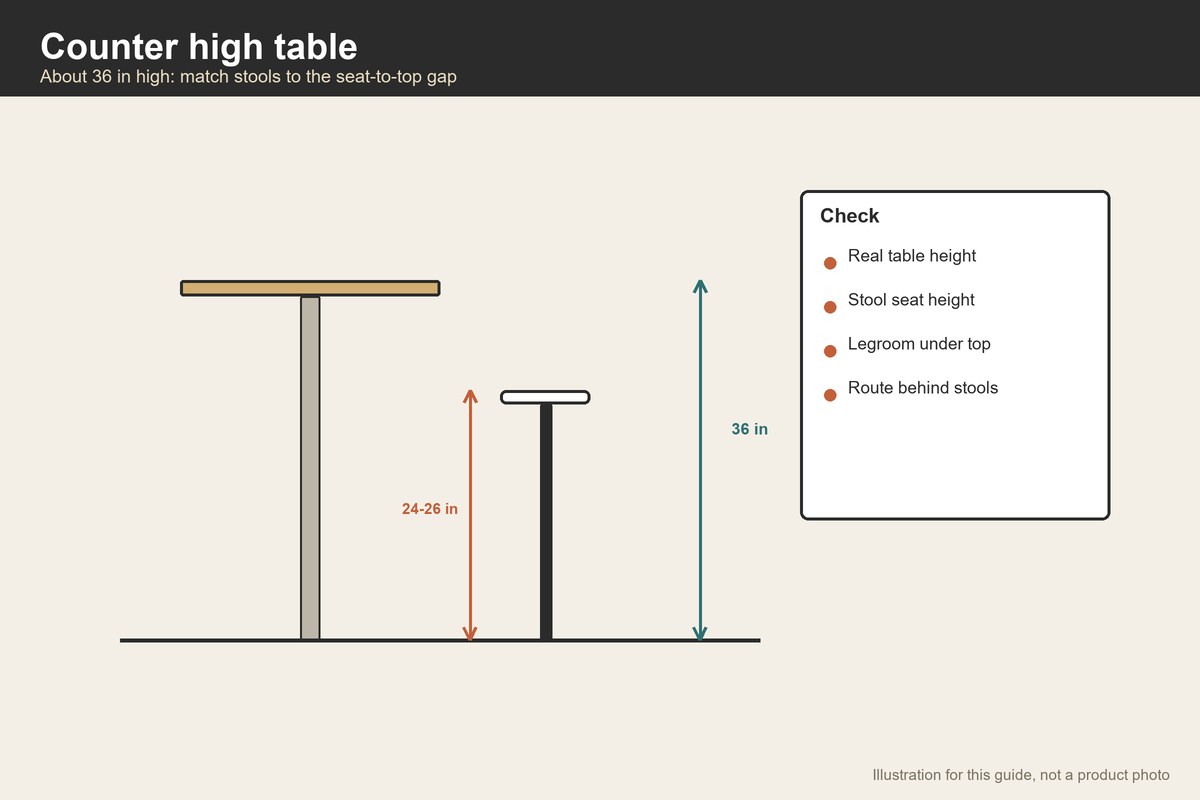 Side-view illustration of a counter-height table and stool with the 36 inch height marked