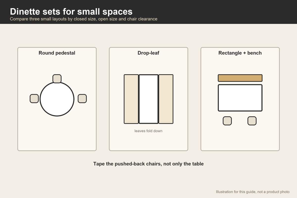 Illustration comparing round pedestal, drop-leaf and bench dinette layouts