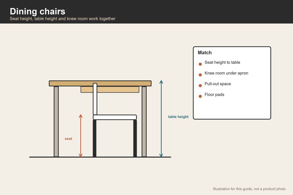 Side-view illustration of a dining chair at a table showing seat and table height