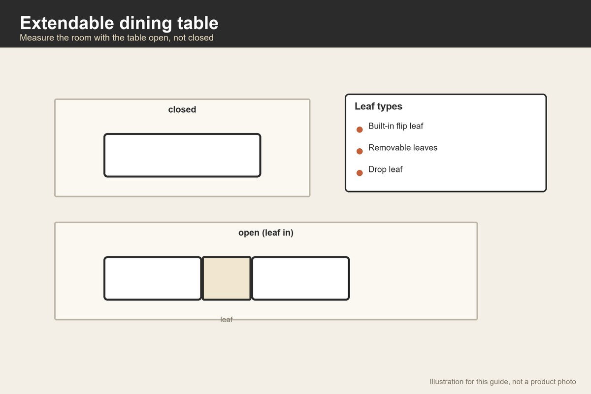 Plan-view illustration of an extendable dining table closed and open with a leaf