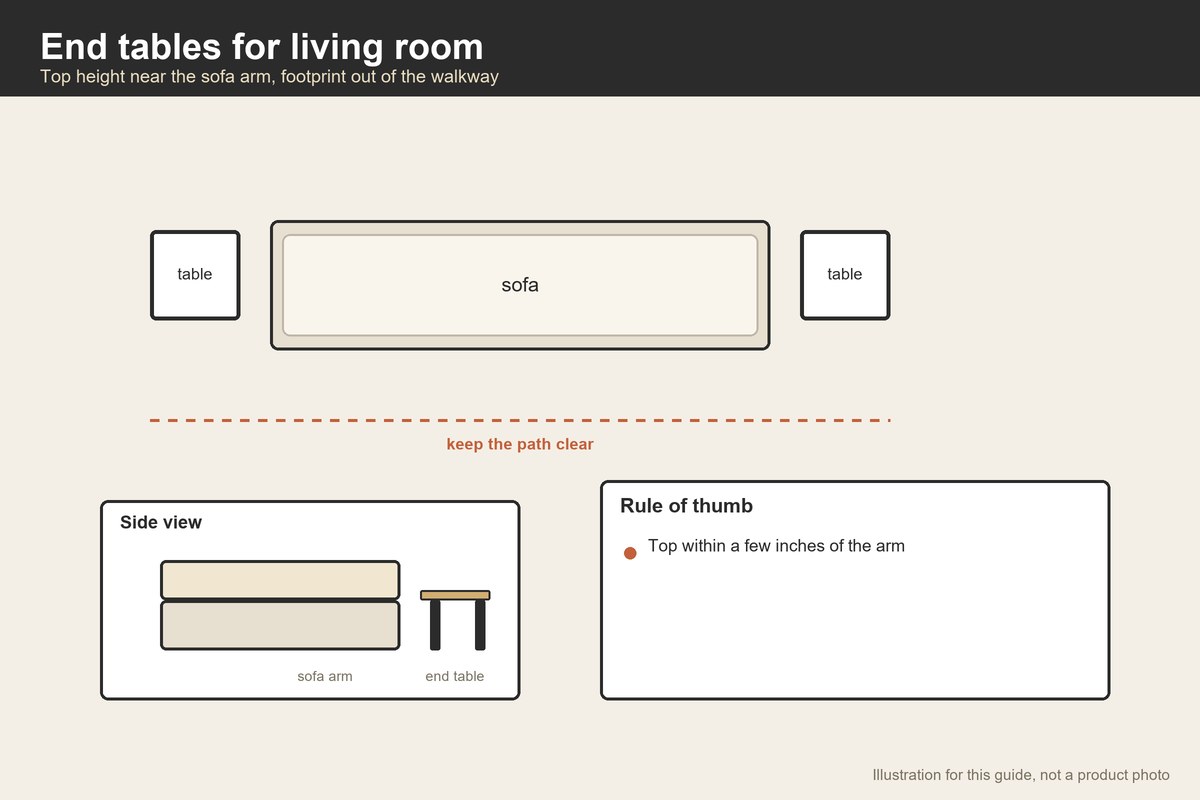 Plan and side illustration of a sofa with end tables and the arm-height match