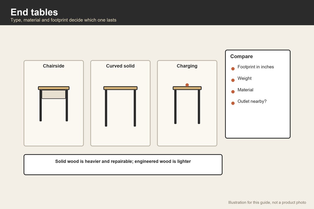 Illustration of three end table types: chairside, curved solid wood and charging