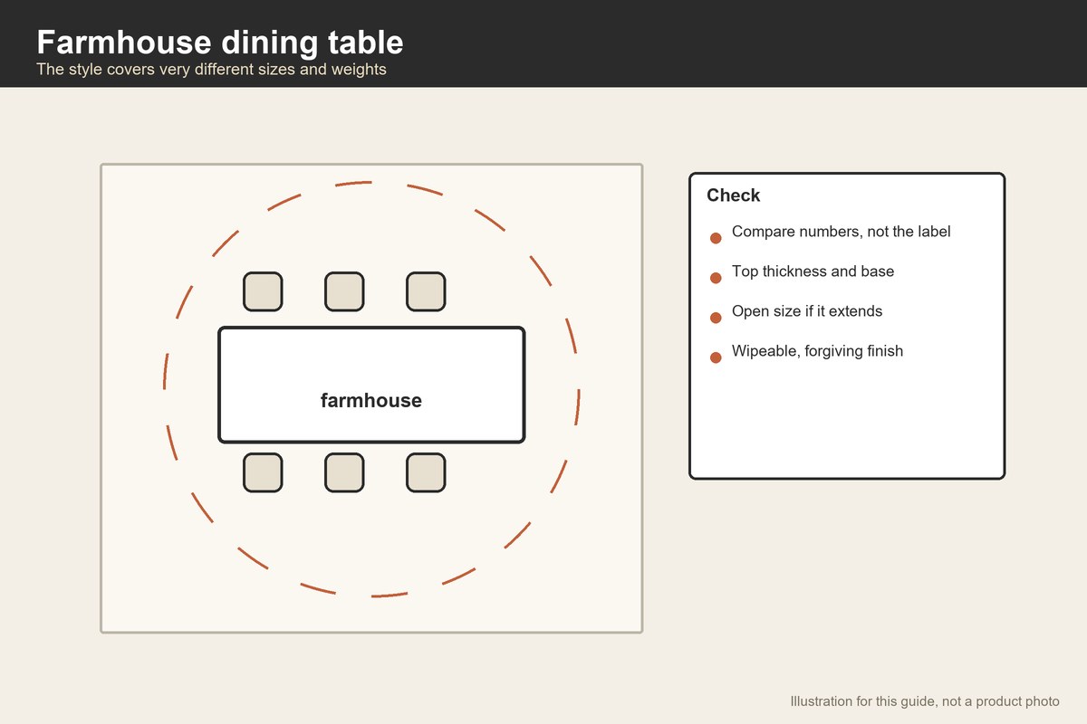 Plan-view illustration of a farmhouse-style rectangular table with chairs