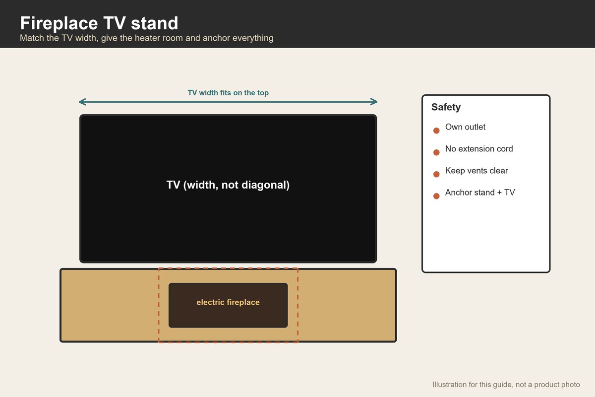Front illustration of a TV on a fireplace stand with the TV width and heater zone marked