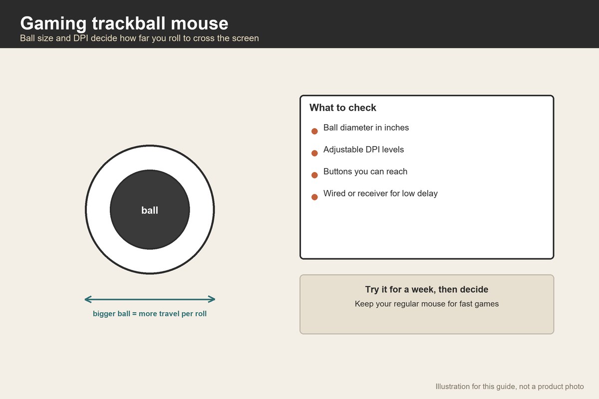 Illustration of a trackball with the ball diameter and a checklist