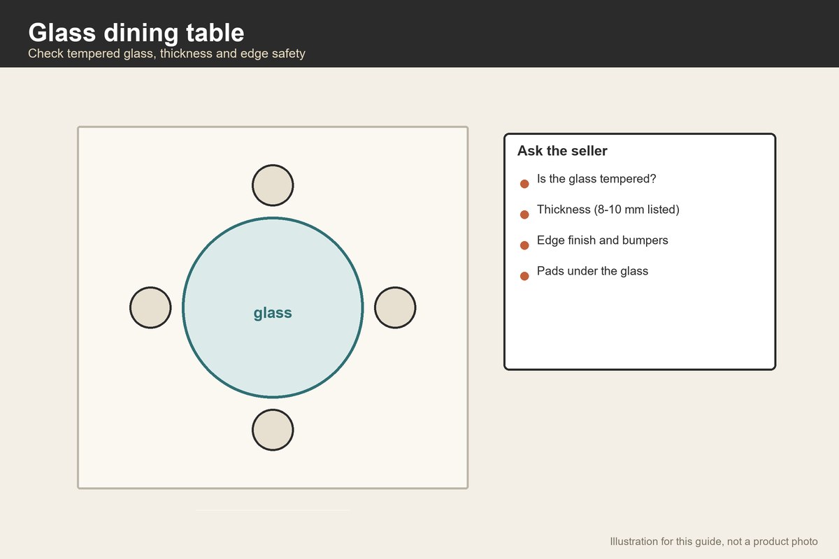 Plan-view illustration of a round glass dining table with four chairs