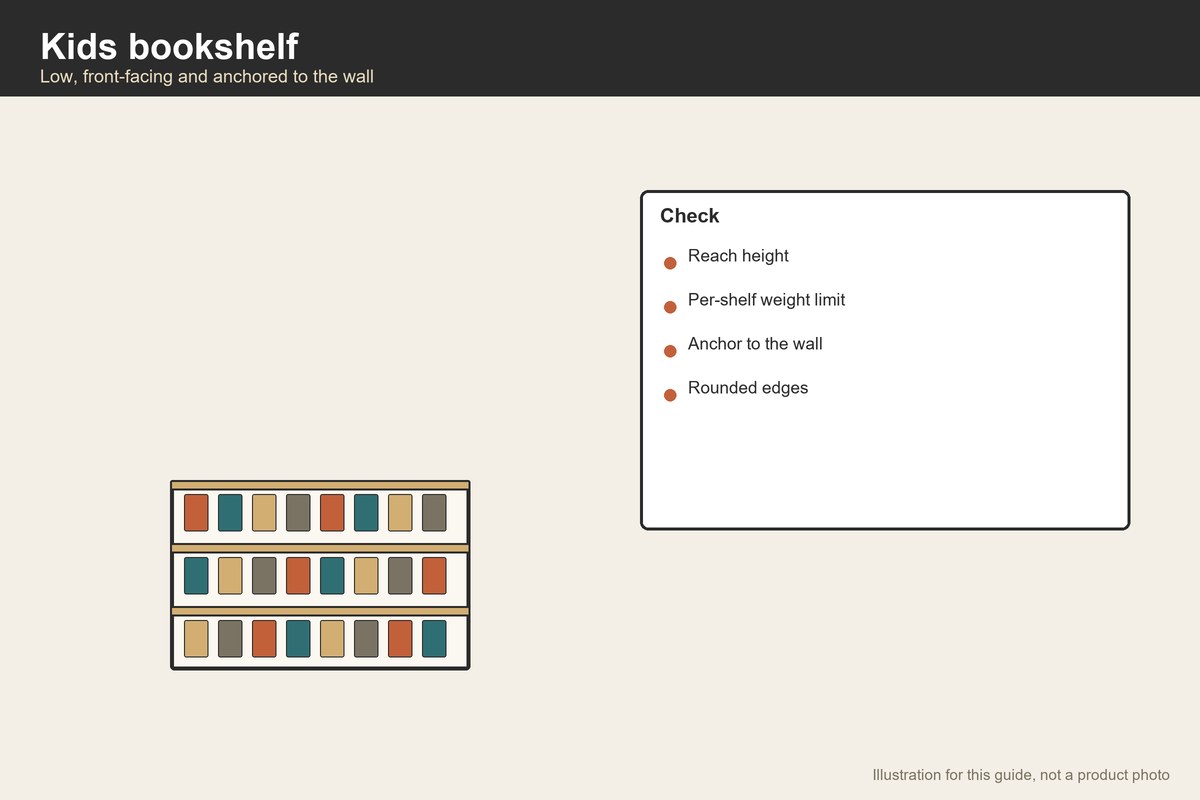 Illustration of a low three-tier kids bookshelf with a checklist