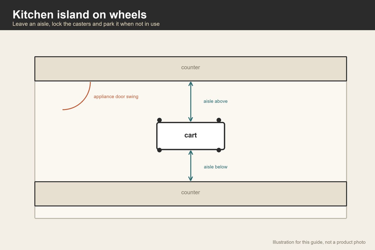 Plan-view illustration of a rolling kitchen cart in a galley aisle with door swings