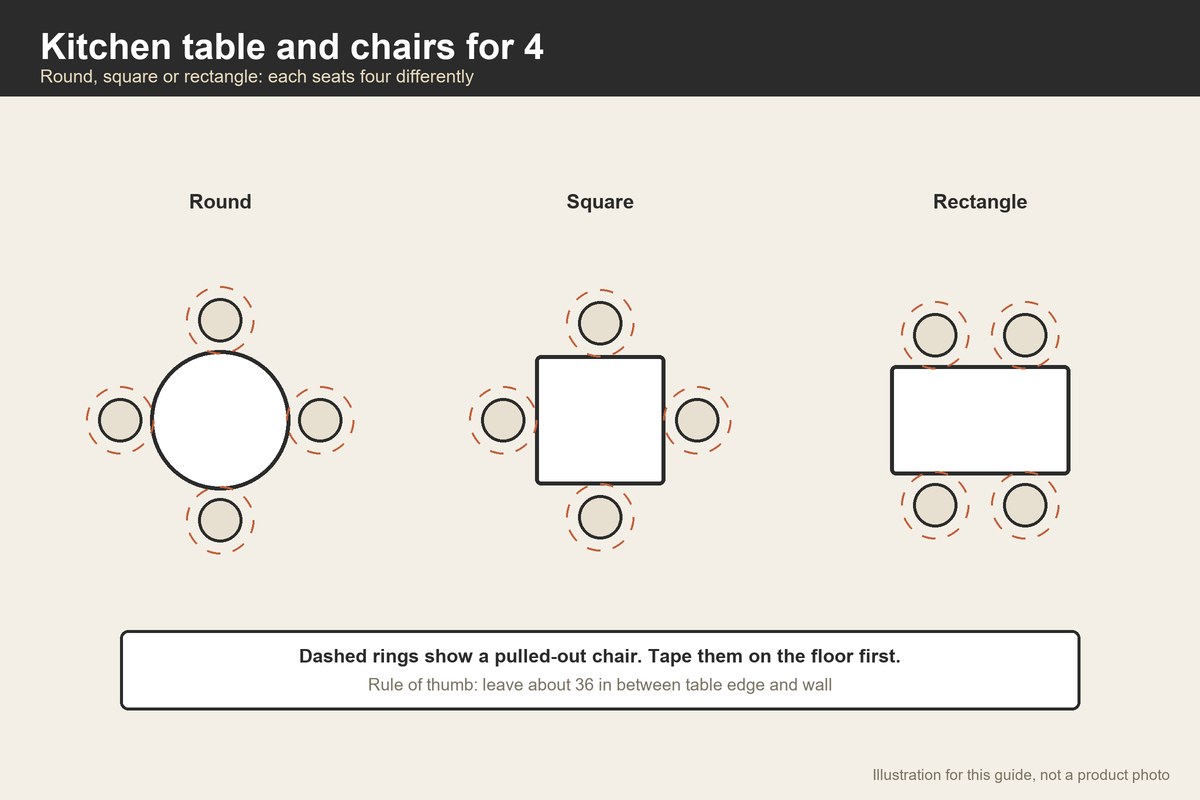 Plan-view illustration of round, square and rectangular tables seating four