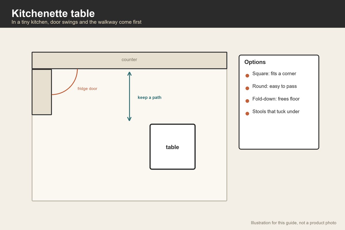Plan-view illustration of a tiny kitchenette with a table, door swing and walking path