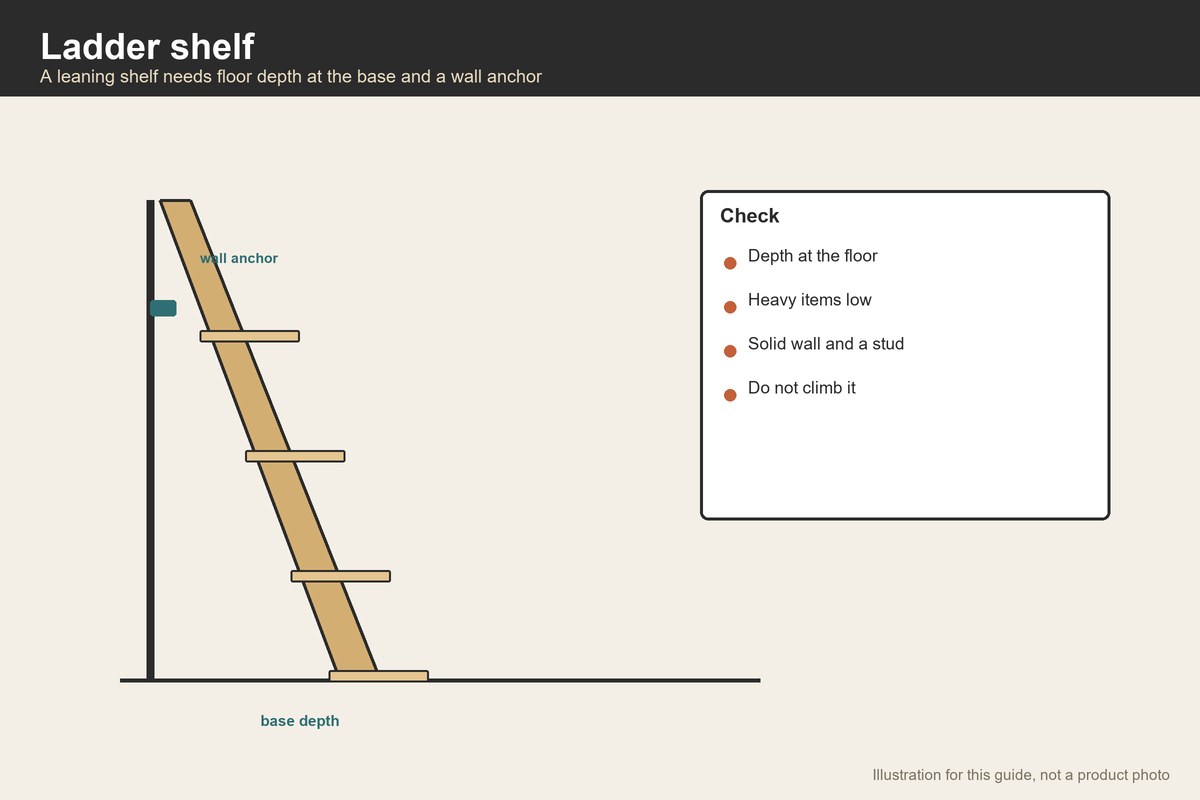 Side-view illustration of a ladder shelf leaning on a wall with an anchor