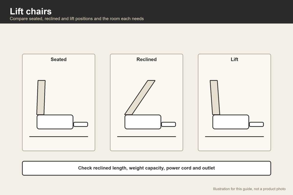 Side-view illustration of a lift chair in seated, reclined and lift positions