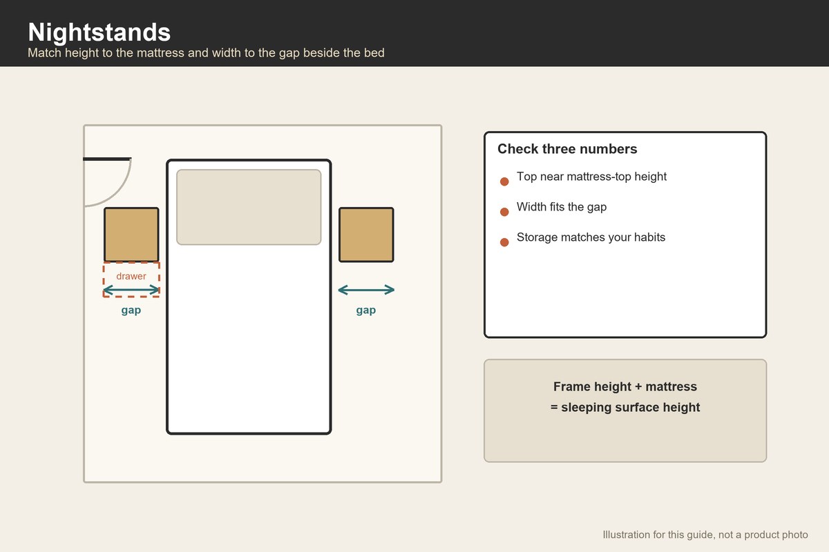Plan-view illustration of a bed with nightstands, the gap beside the bed and a door swing