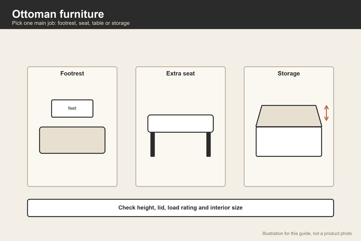 Illustration of an ottoman used as a footrest, extra seat and storage box
