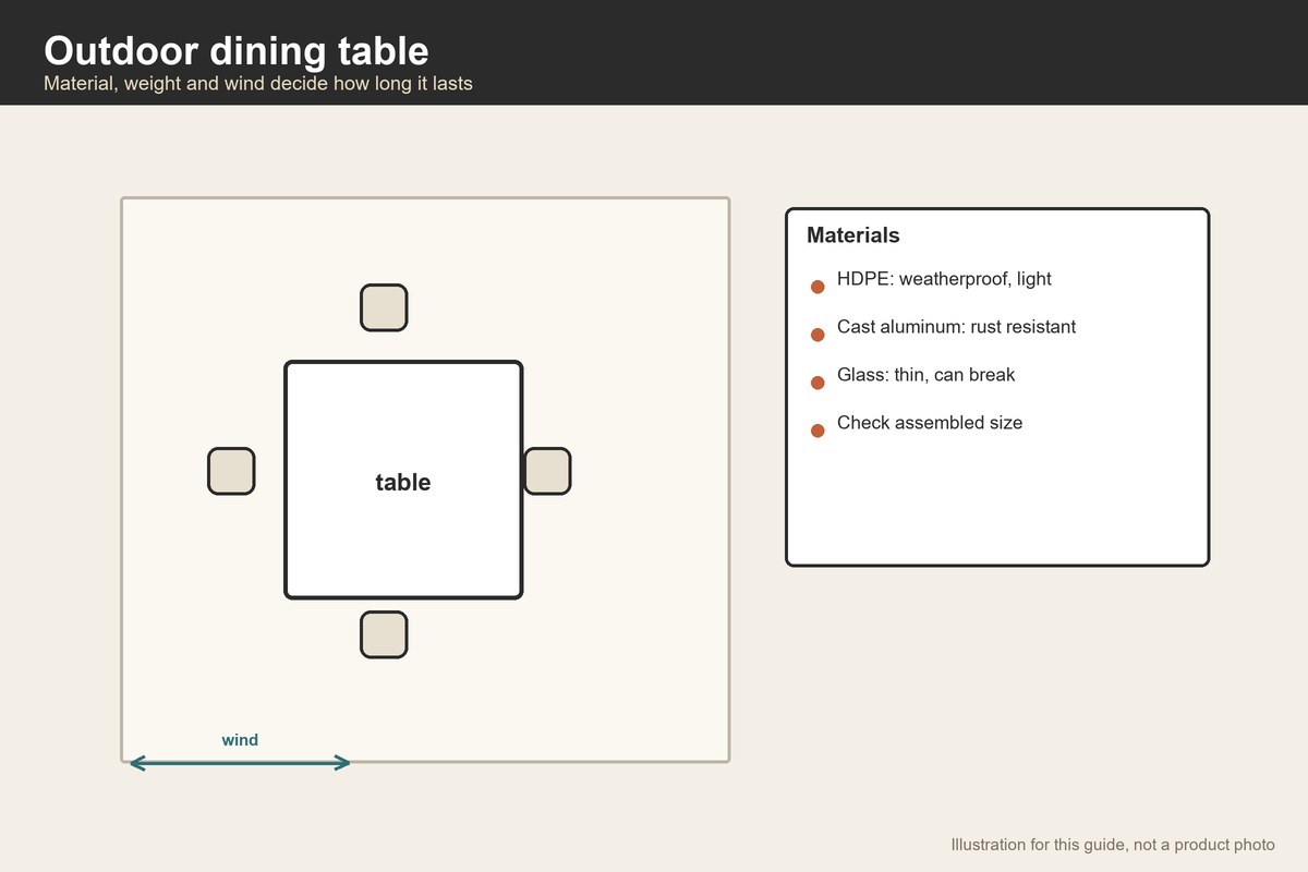 Plan-view illustration of an outdoor square table with four chairs and a wind arrow