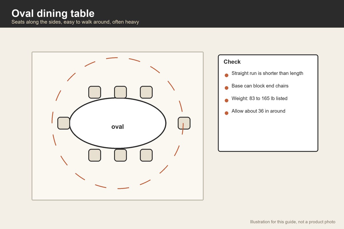 Plan-view illustration of an oval dining table with chairs and a clearance ring