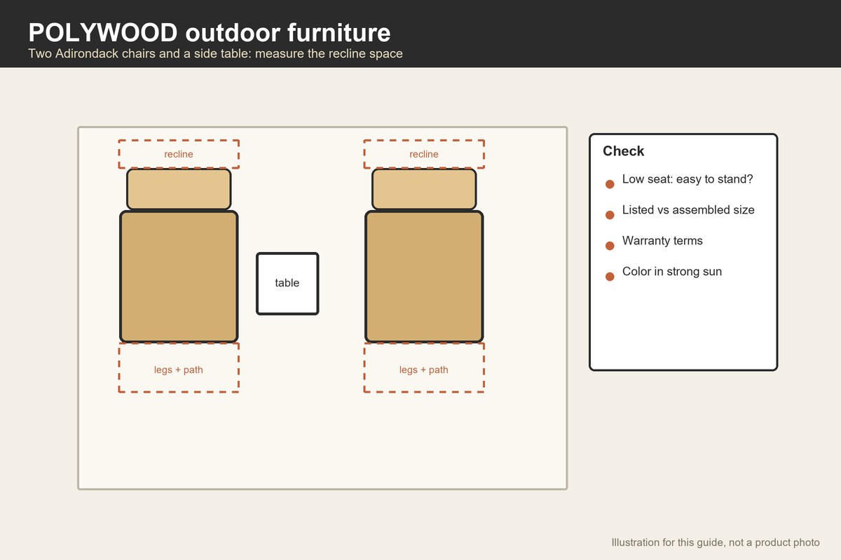 Plan-view illustration of two Adirondack chairs and a side table with recline space marked