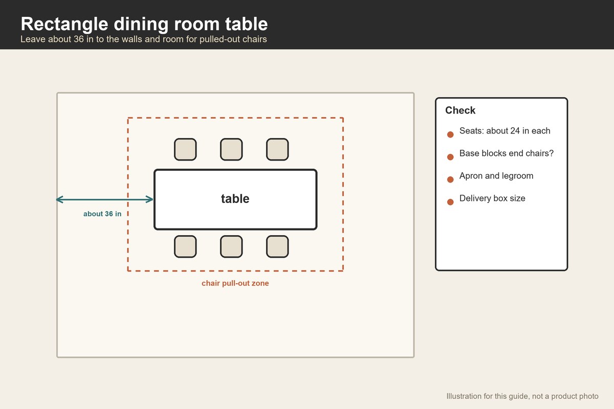 Plan-view illustration of a rectangular dining table with chairs and the pull-out zone