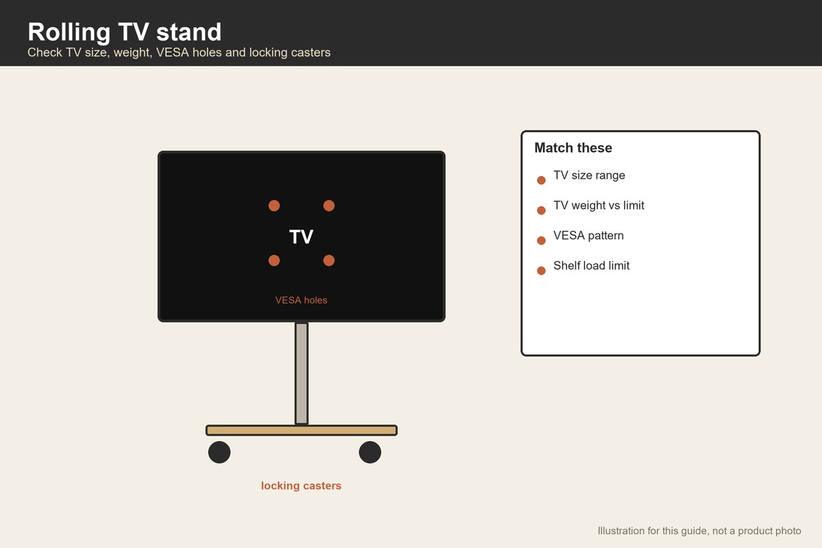 Illustration of a rolling TV cart showing VESA holes and locking casters