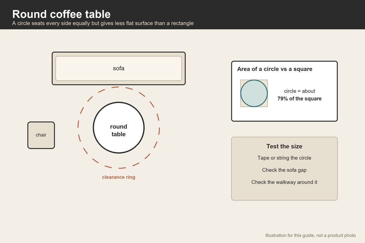 Plan-view illustration of a round coffee table with a dashed clearance ring beside a sofa
