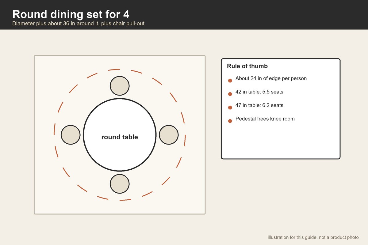 Plan-view illustration of a round table with four chairs and a clearance ring
