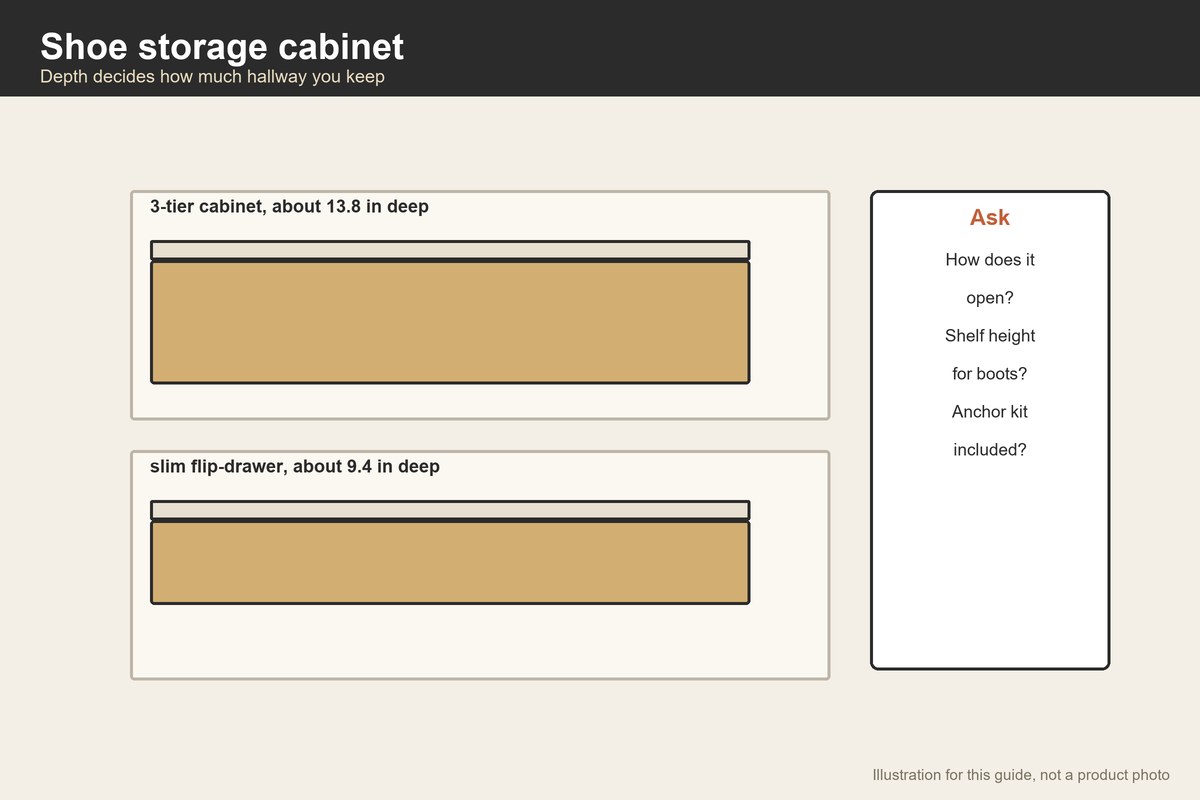 Illustration comparing a deeper shoe cabinet and a slim flip-drawer cabinet