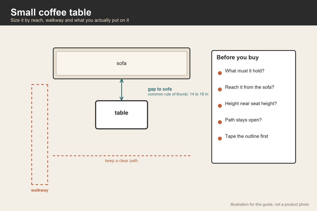 Plan-view illustration of a sofa and small coffee table with the gap and walkway marked