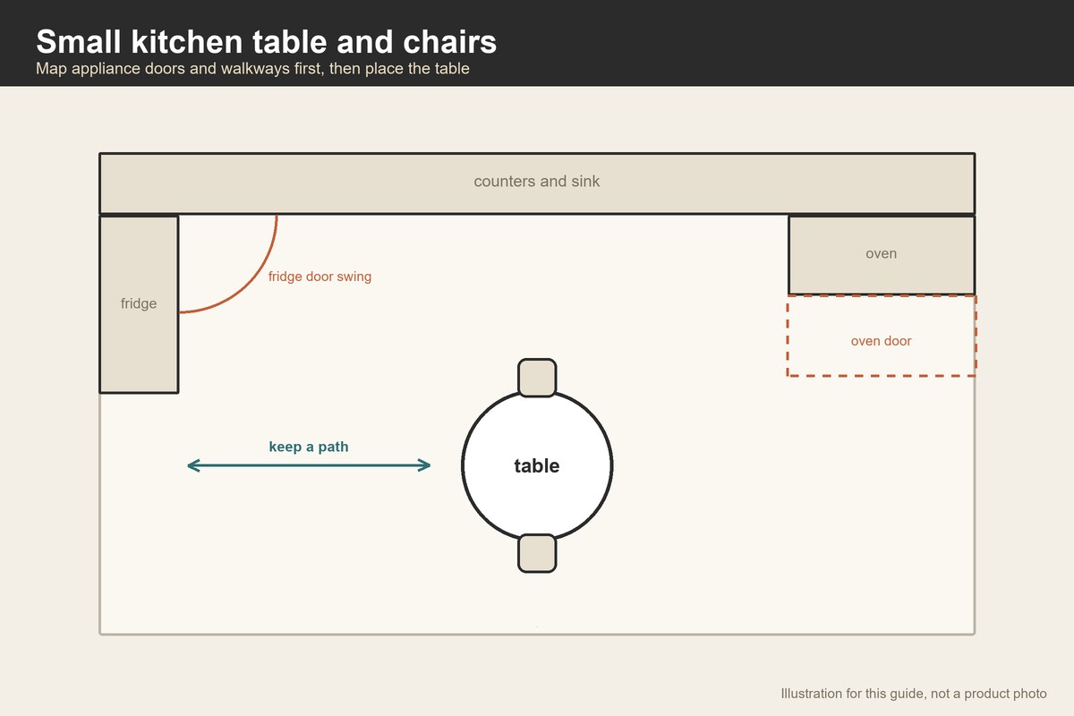 Plan-view illustration of a small kitchen with appliance door swings and a round table