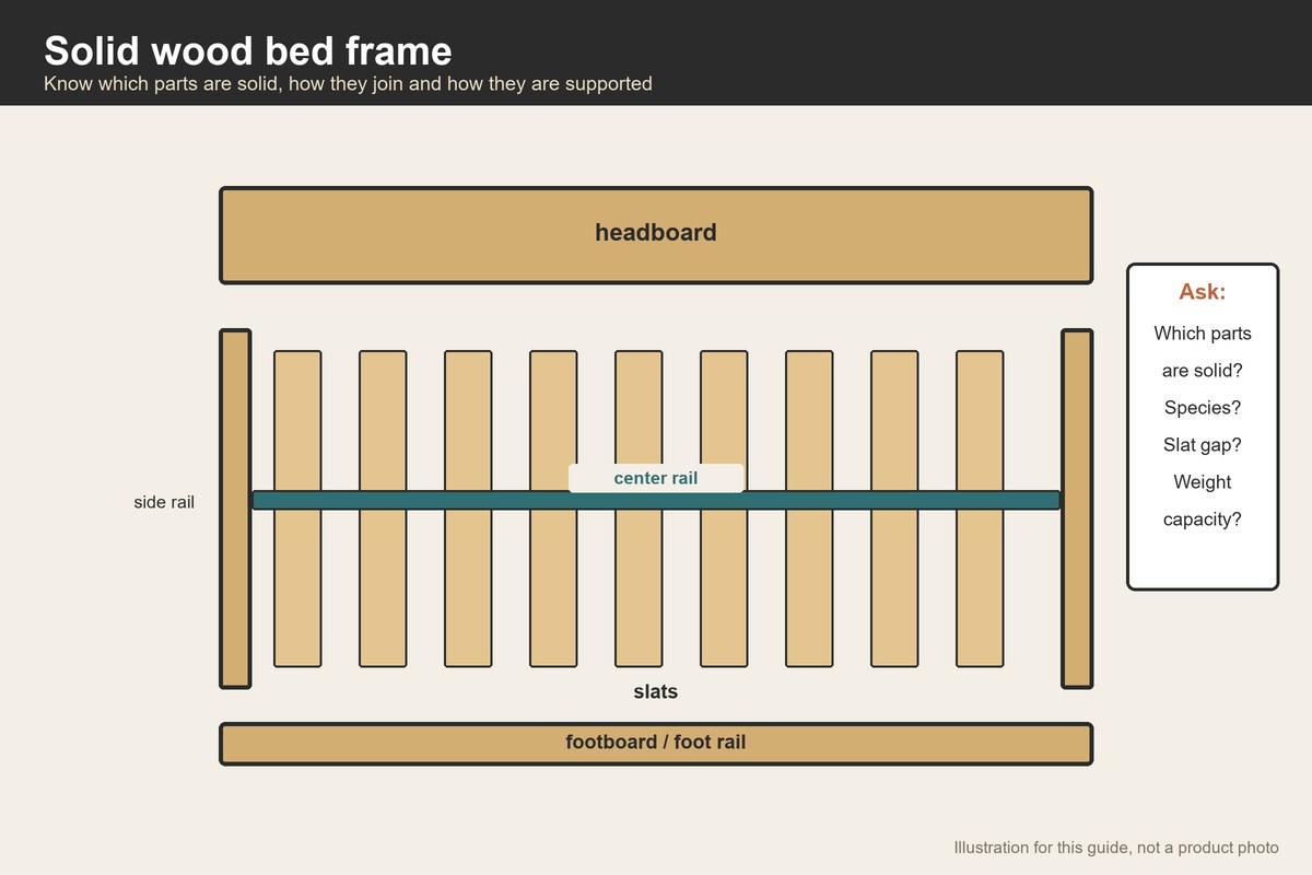 Diagram of a bed frame showing headboard, rails, slats, center rail and footboard