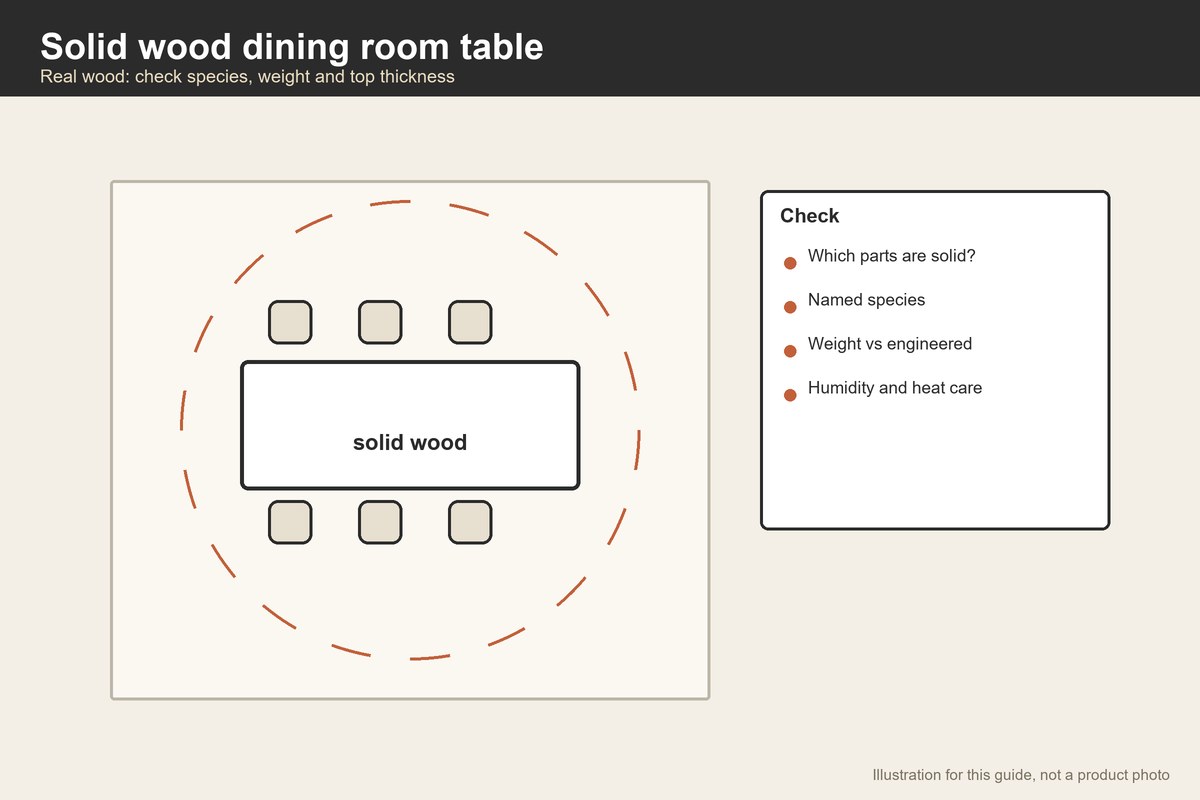 Plan-view illustration of a rectangular wood dining table with chairs and a clearance ring