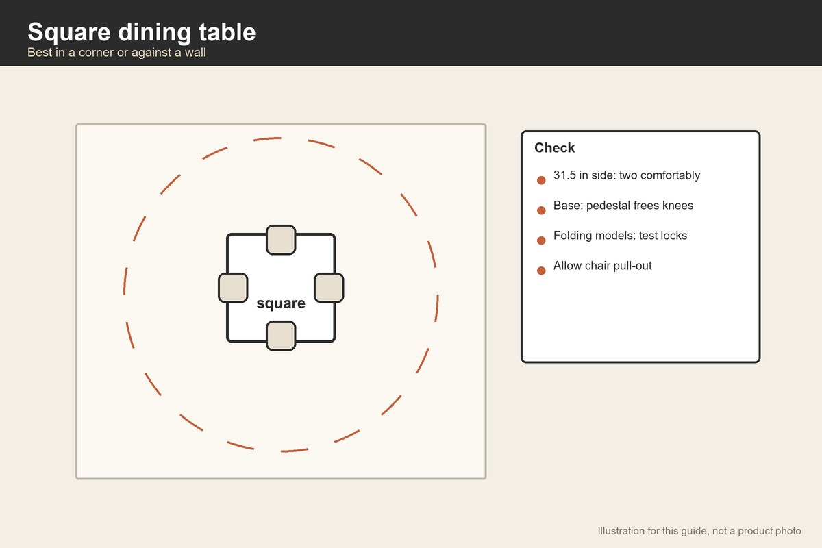 Plan-view illustration of a square dining table with four chairs and a clearance ring