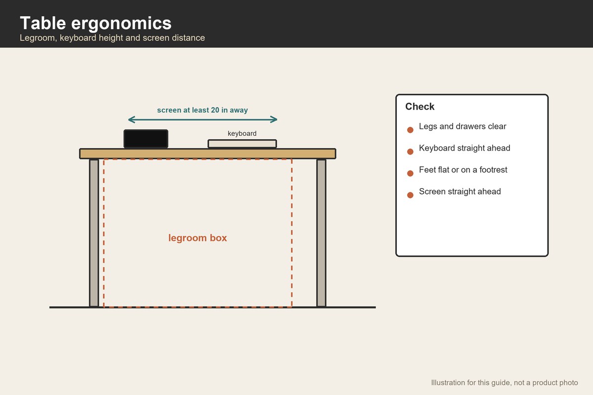 Side-view illustration of a table showing the legroom box, keyboard and screen distance