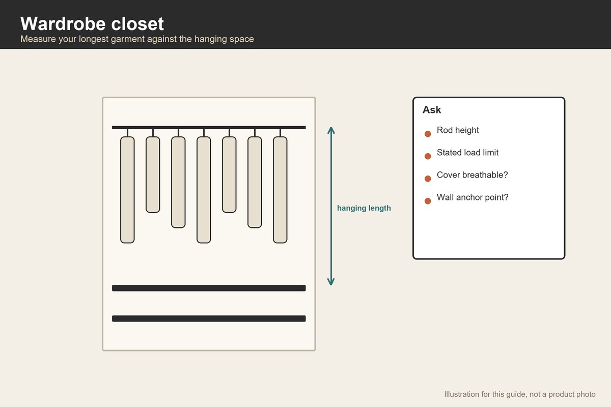 Front-view illustration of a freestanding wardrobe rack with hanging length marked