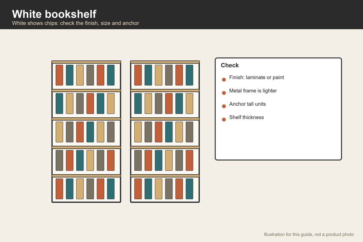 Front illustration of two white bookshelves with books and a checklist
